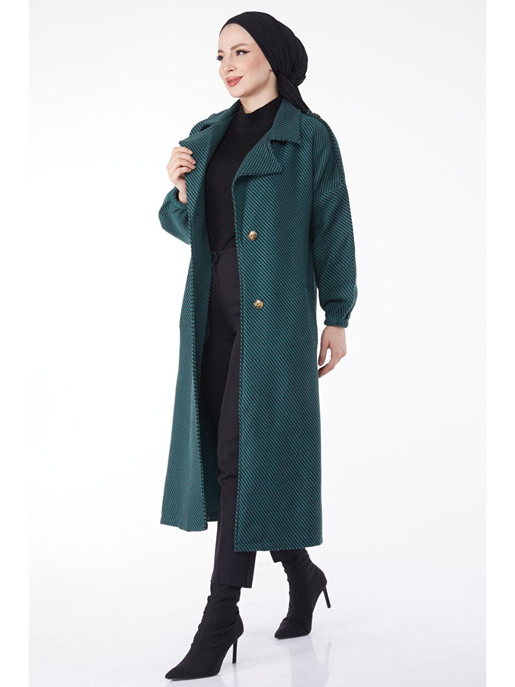 Kruvaze Yaka Kadın Yeşil Kuşaklı Kaşe Kaban - 13132-1