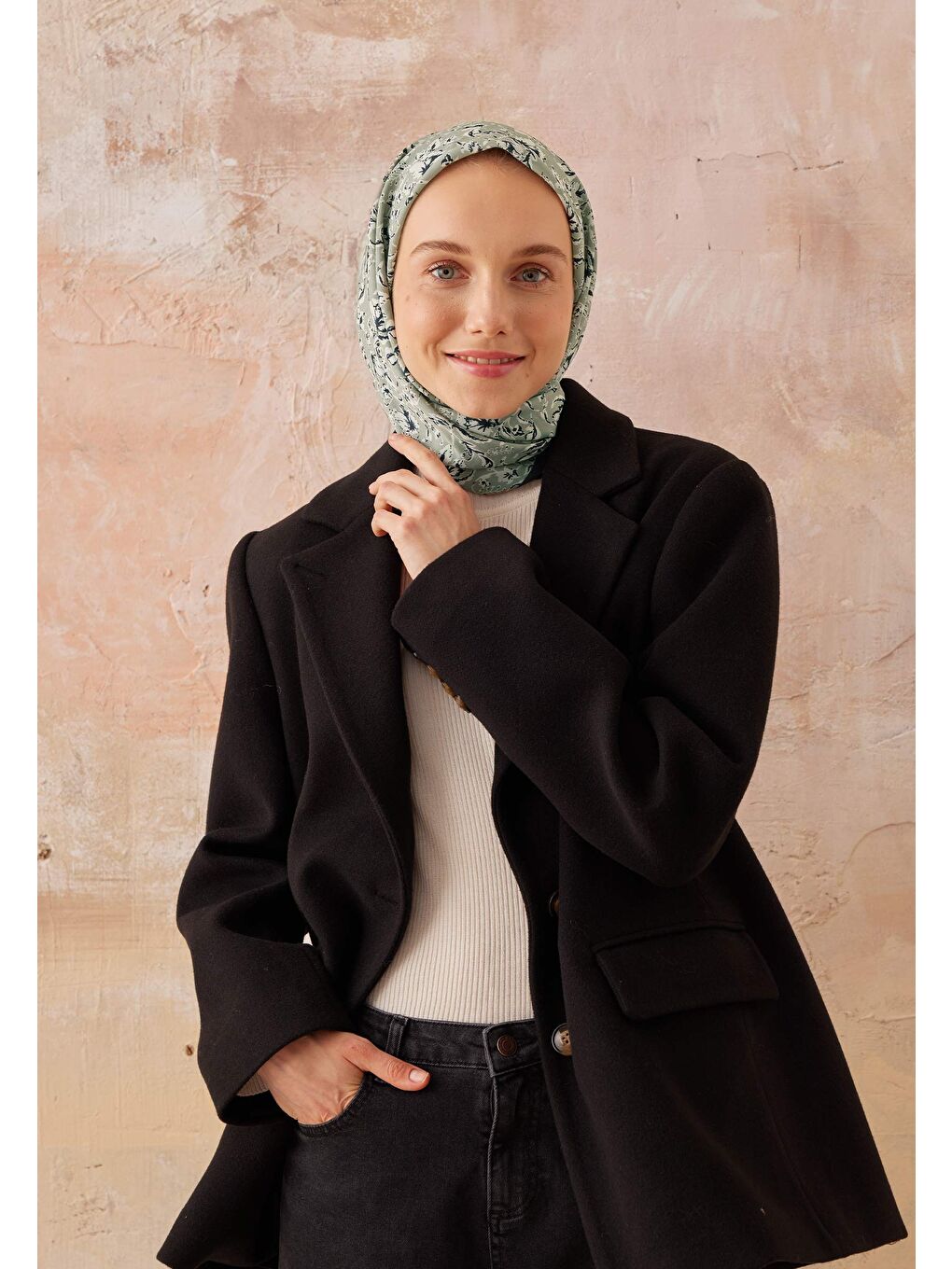 Yeşil Estelle Desen Pamuk İpek Eşarp Mint-3