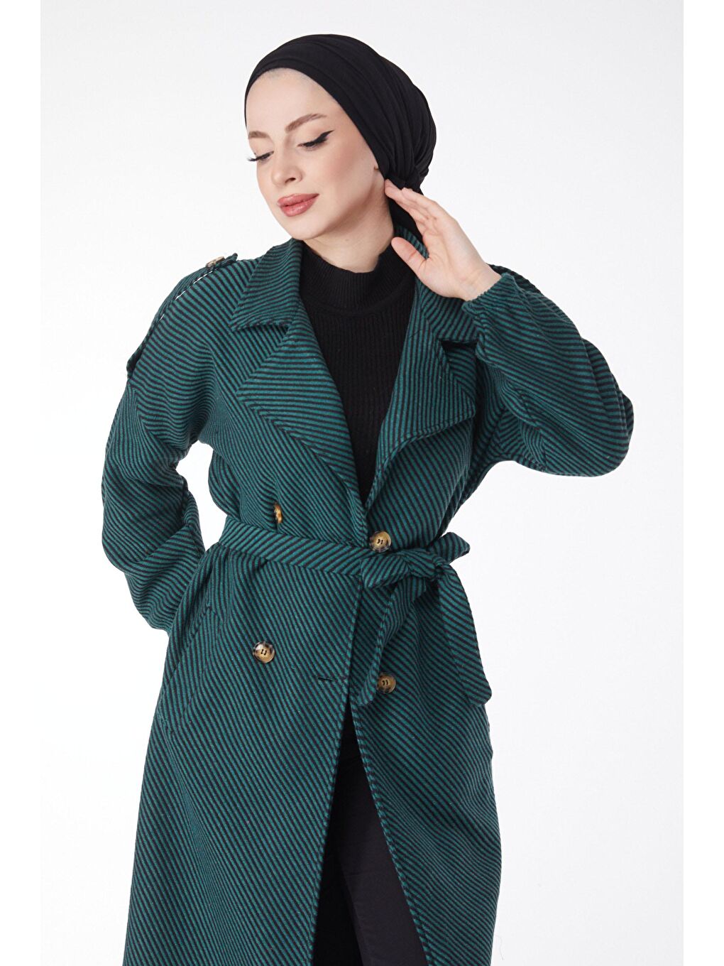 Kruvaze Yaka Kadın Yeşil Kuşaklı Kaşe Kaban - 13132-2