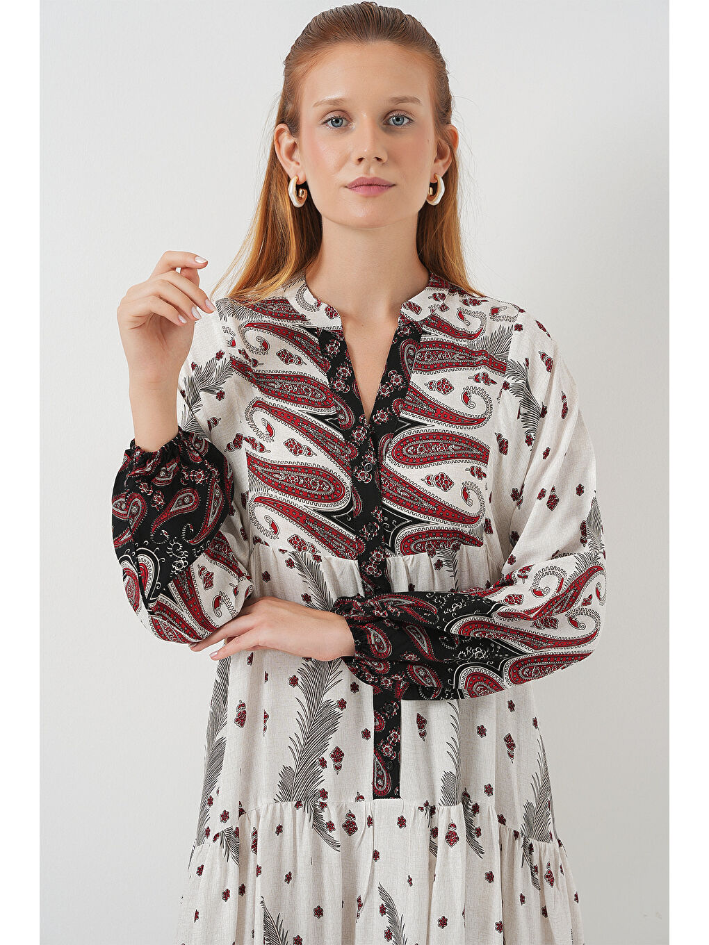 Kadın Desenli Uzun Tesettür Elbise 2585 - A.Kırmızı-1