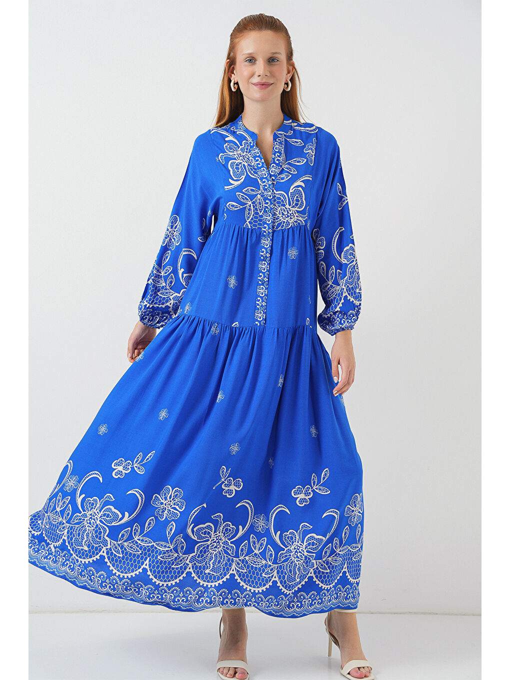 Mavi Kadın Desenli Uzun Tesettür Elbise 2585 - Saks