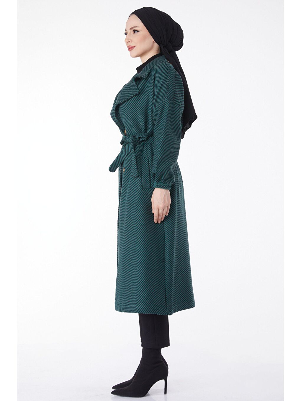 Kruvaze Yaka Kadın Yeşil Kuşaklı Kaşe Kaban - 13132-3