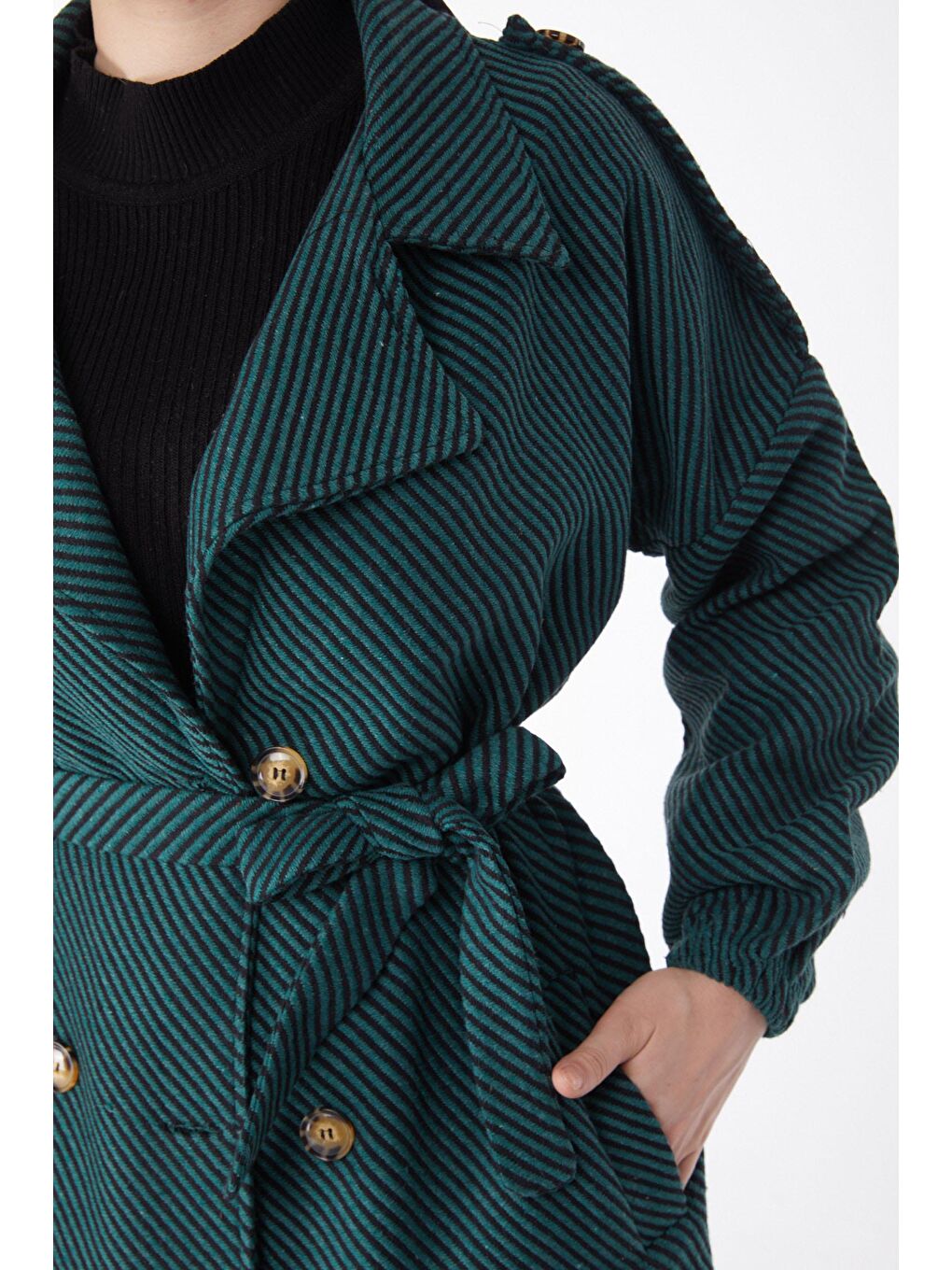 Kruvaze Yaka Kadın Yeşil Kuşaklı Kaşe Kaban - 13132-5