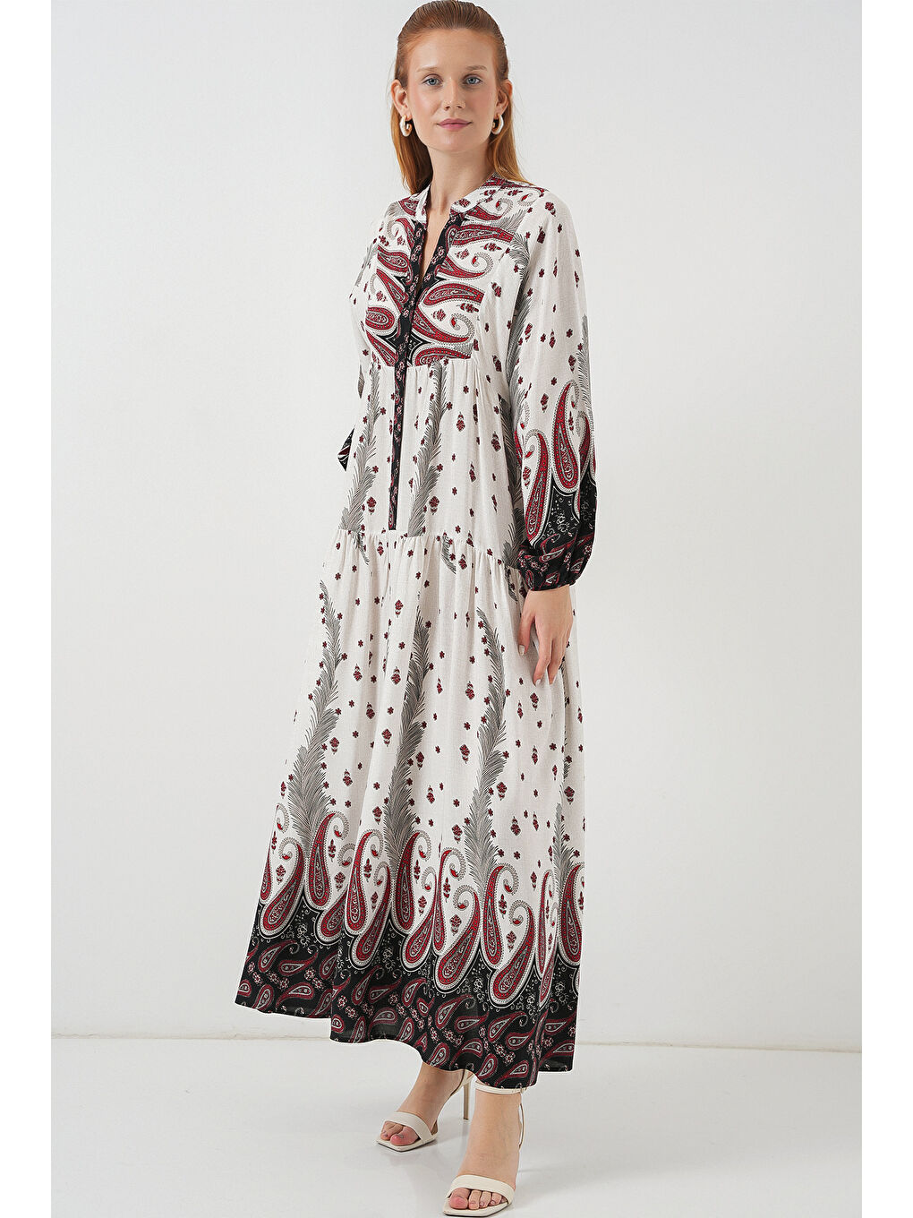 Kadın Desenli Uzun Tesettür Elbise 2585 - A.Kırmızı-2