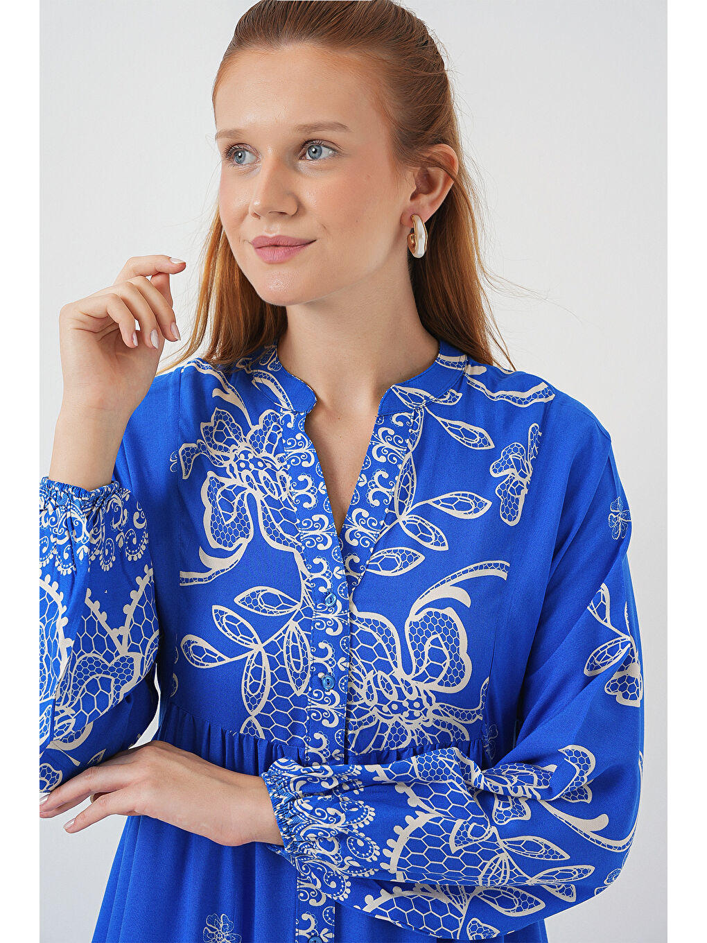 Mavi Kadın Desenli Uzun Tesettür Elbise 2585 - Saks-1