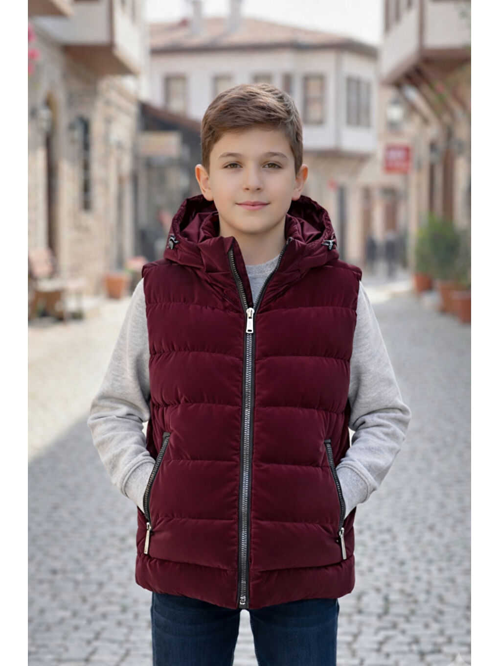 Bordo Erkek Çocuk Kapüşonlu Şişme Yelek