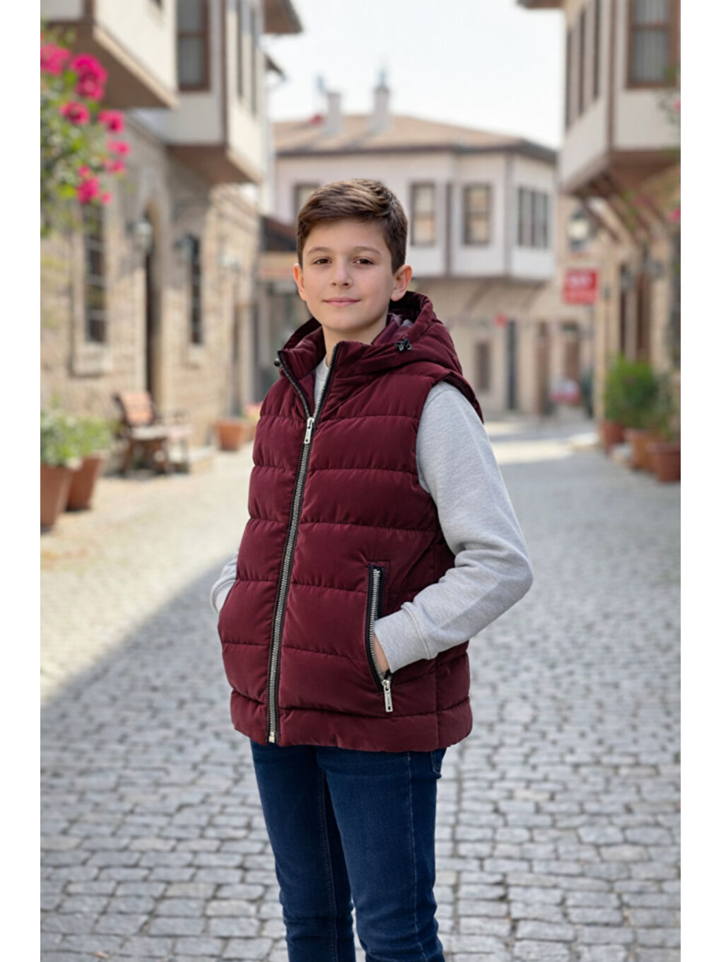 Bordo Erkek Çocuk Kapüşonlu Şişme Yelek-1