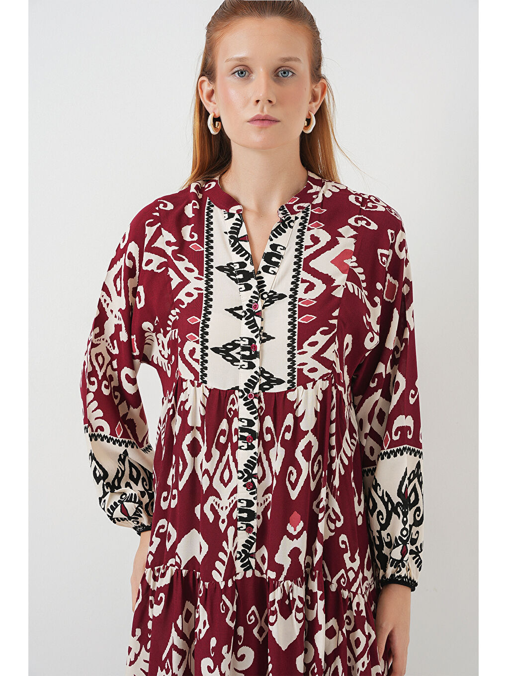 Kadın Desenli Uzun Tesettür Elbise 2585 - Bordo-1