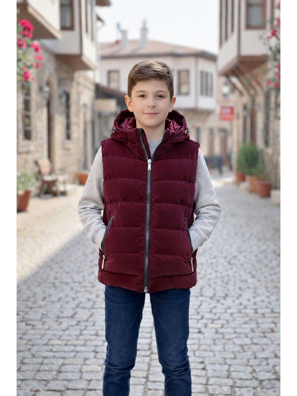 Bordo Erkek Çocuk Kapüşonlu Şişme Yelek-2