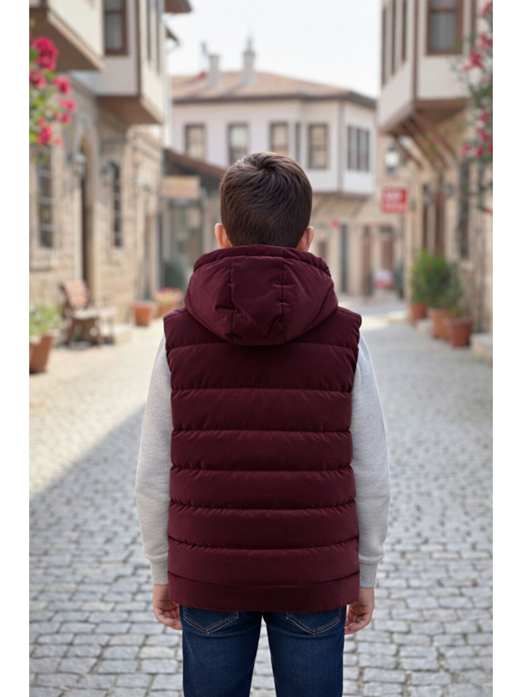 Bordo Erkek Çocuk Kapüşonlu Şişme Yelek-3