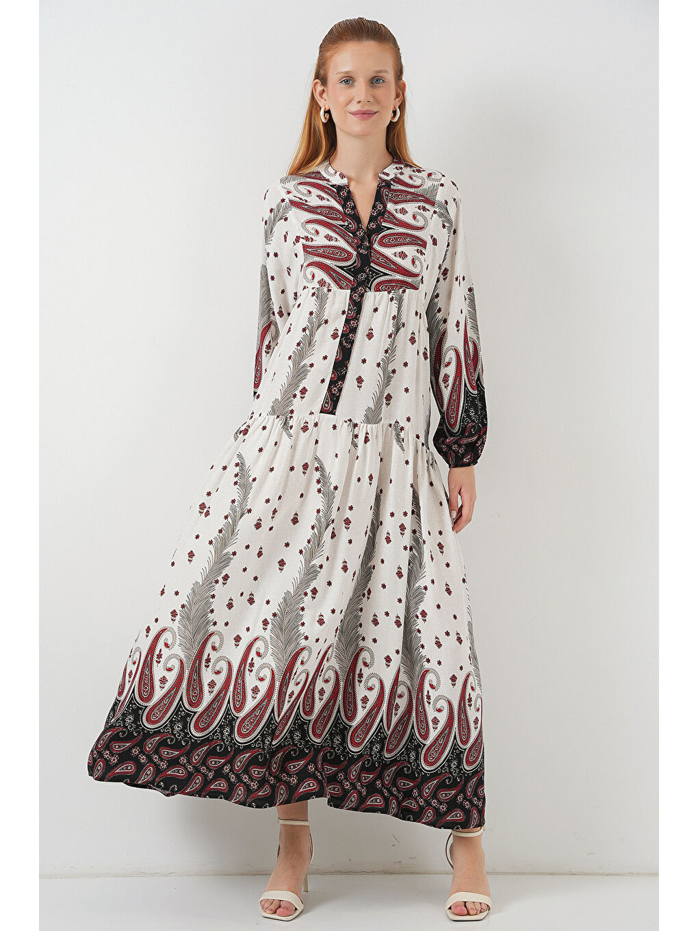 Kadın Desenli Uzun Tesettür Elbise 2585 - A.Kırmızı-3