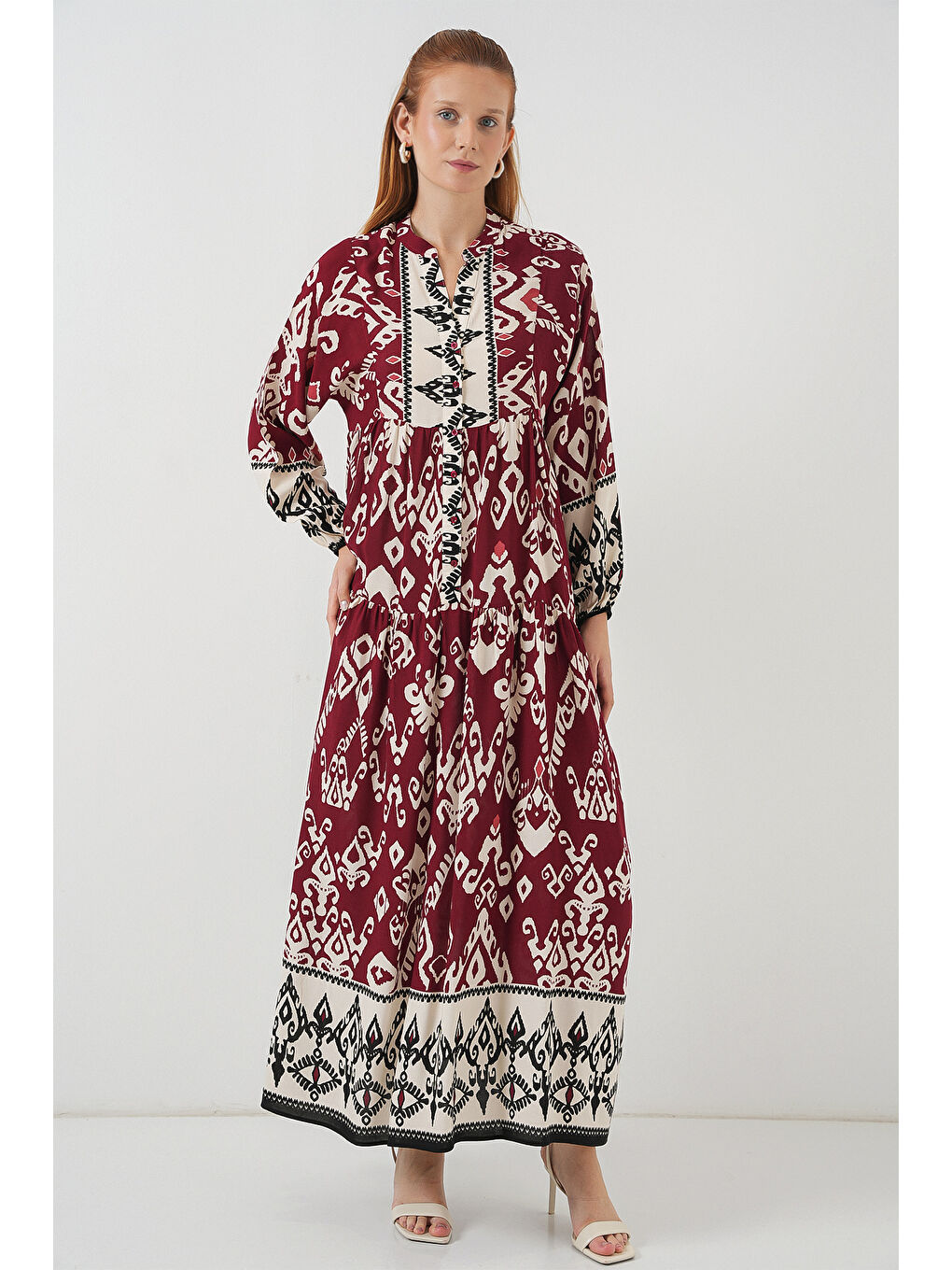 Kadın Desenli Uzun Tesettür Elbise 2585 - Bordo-2