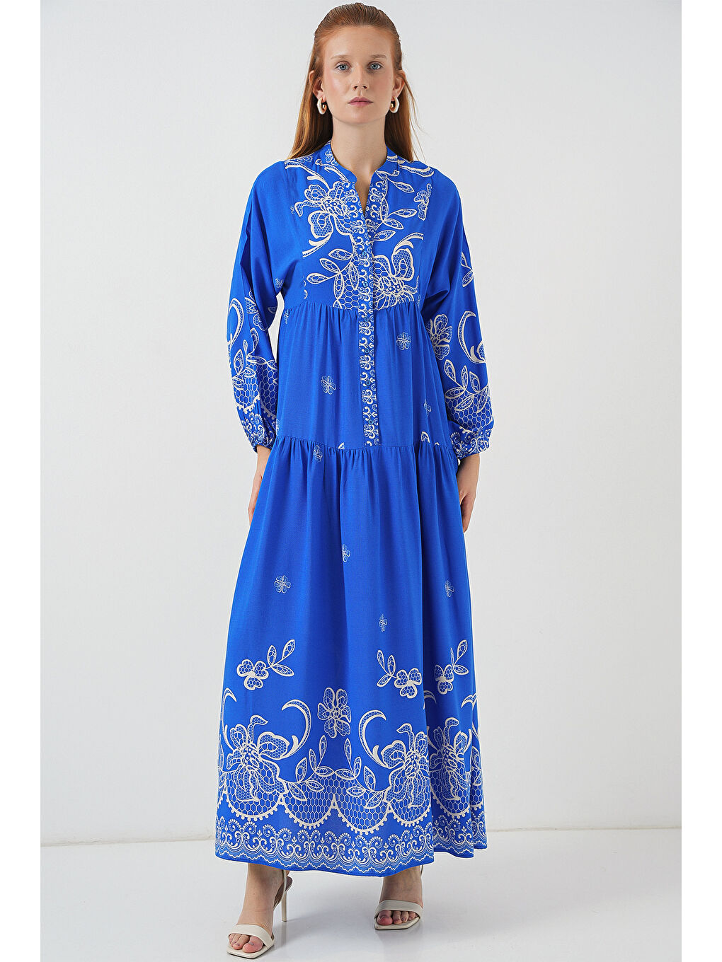 Mavi Kadın Desenli Uzun Tesettür Elbise 2585 - Saks-2