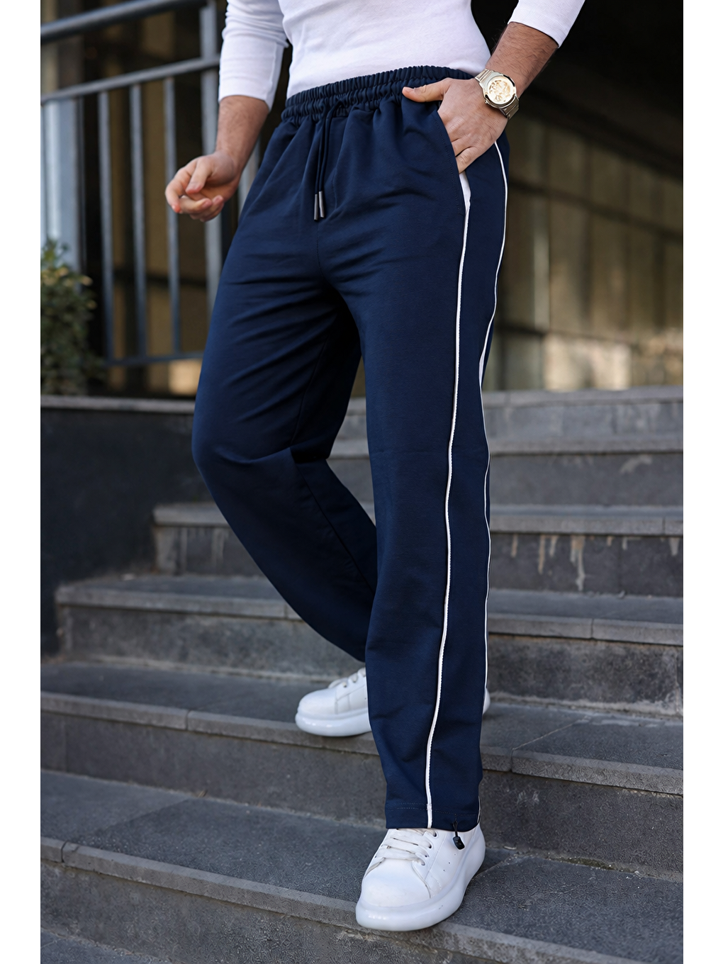 Erkek Günlük Yazlık Çizgili Bol Lacivert Eşofman Altı