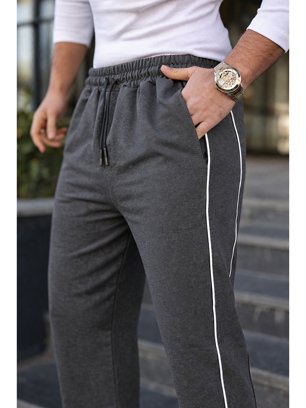 Gri Erkek Günlük Yazlık Çizgili Bol Füme Eşofman Altı-2