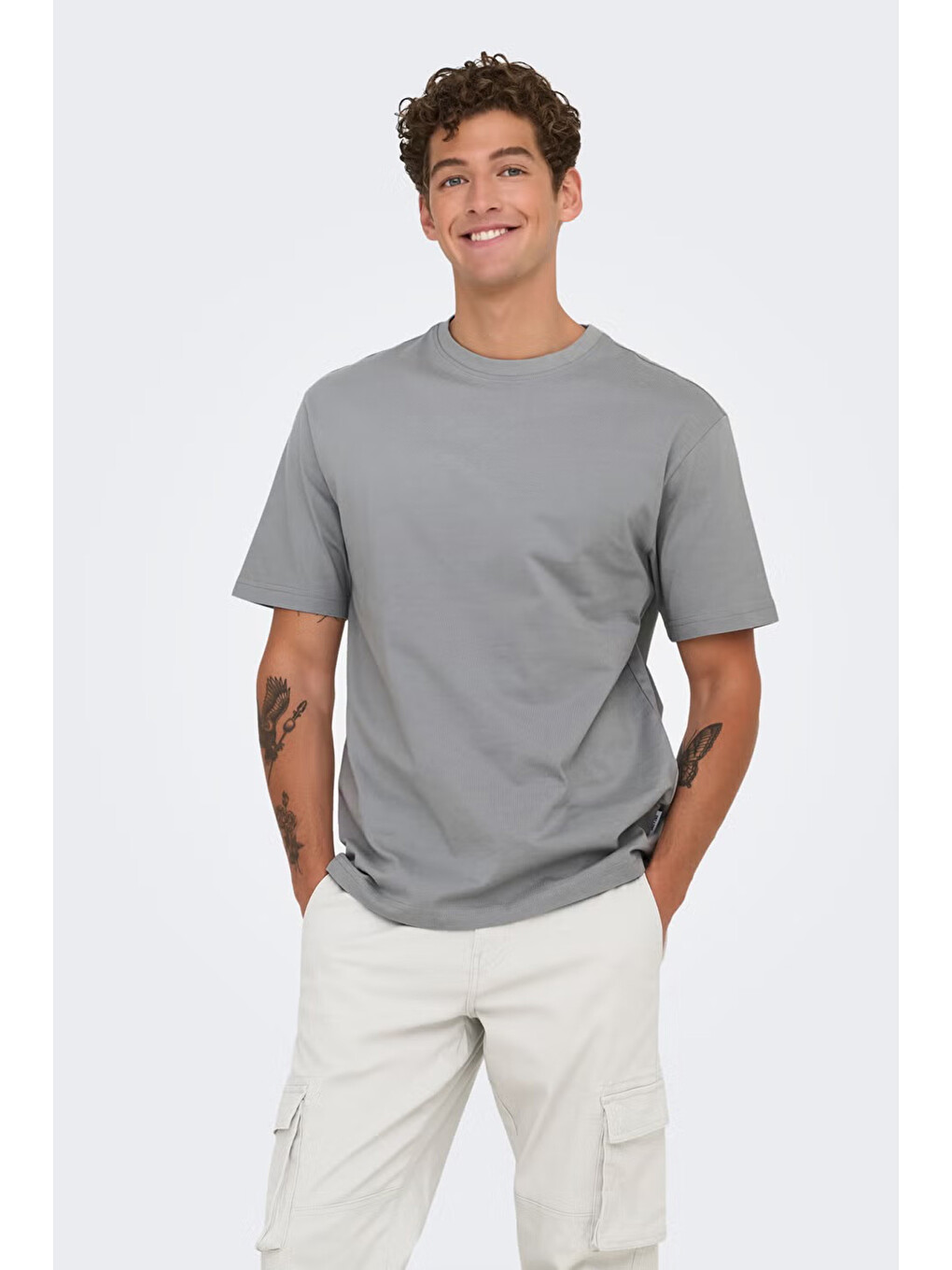 Gri Onsfred % 100 Pamuk Relaxed Fit Bisiklet Yaka T Shirt 22022532