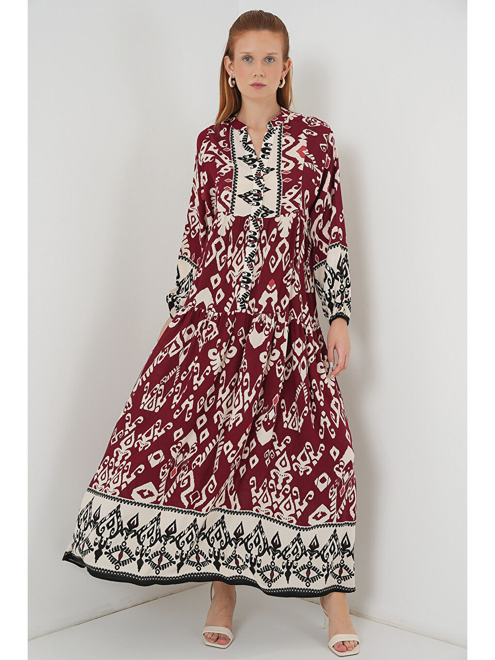 Kadın Desenli Uzun Tesettür Elbise 2585 - Bordo-3