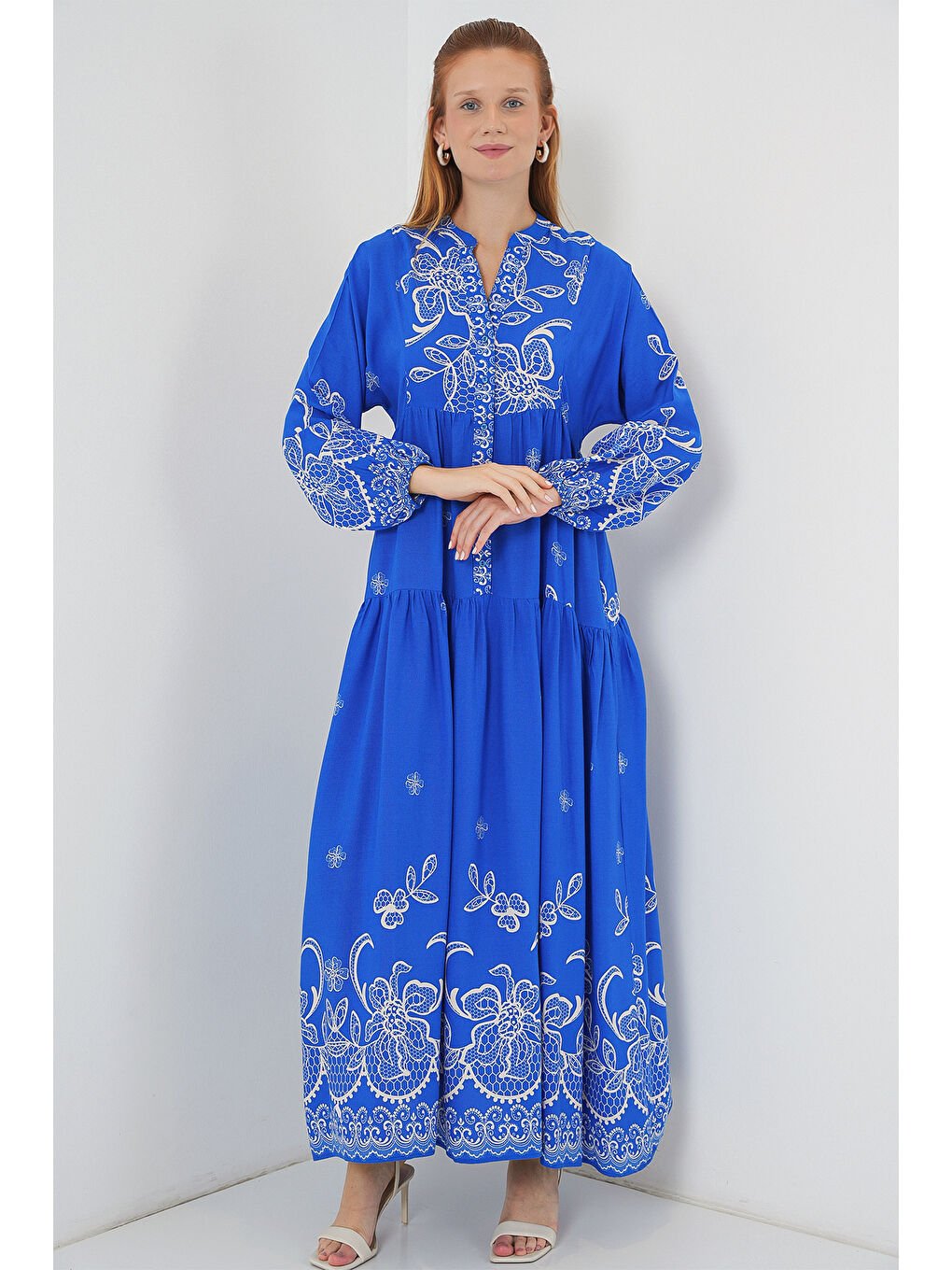 Mavi Kadın Desenli Uzun Tesettür Elbise 2585 - Saks-3