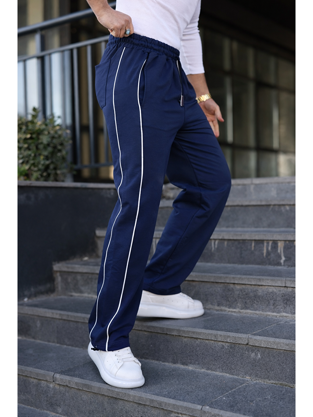 Erkek Günlük Yazlık Çizgili Bol Lacivert Eşofman Altı-1