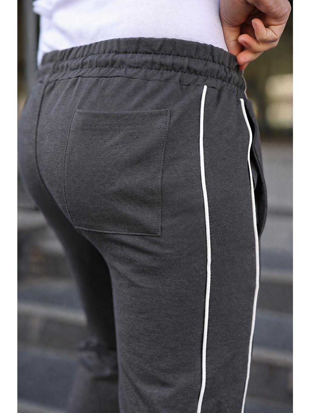 Gri Erkek Günlük Yazlık Çizgili Bol Füme Eşofman Altı-3