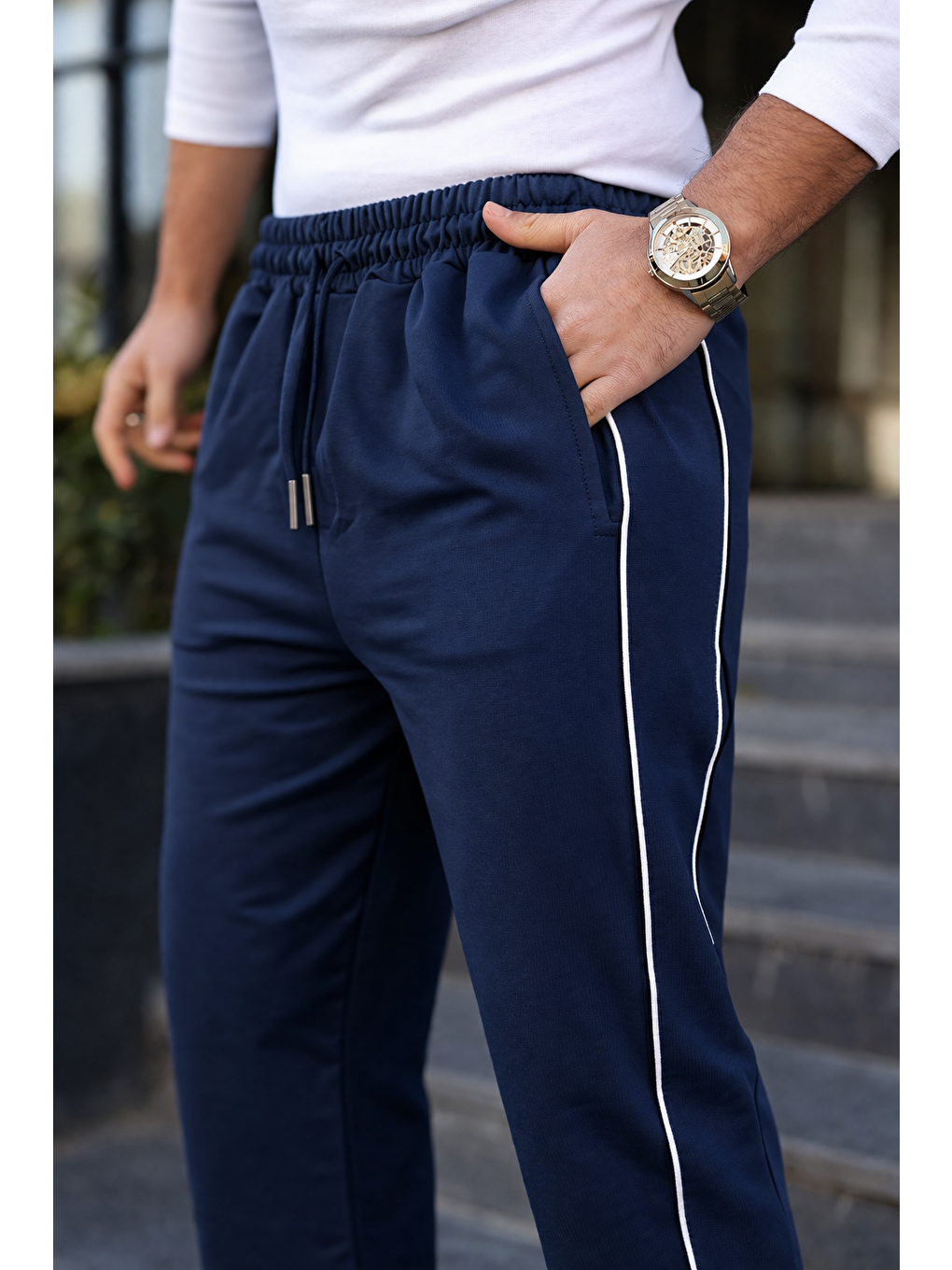 Erkek Günlük Yazlık Çizgili Bol Lacivert Eşofman Altı-2