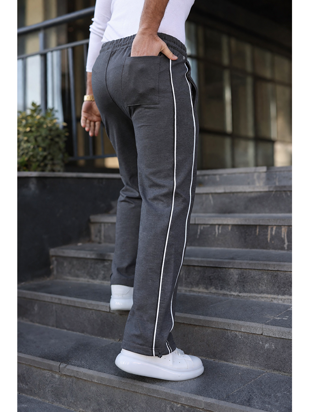 Gri Erkek Günlük Yazlık Çizgili Bol Füme Eşofman Altı-4