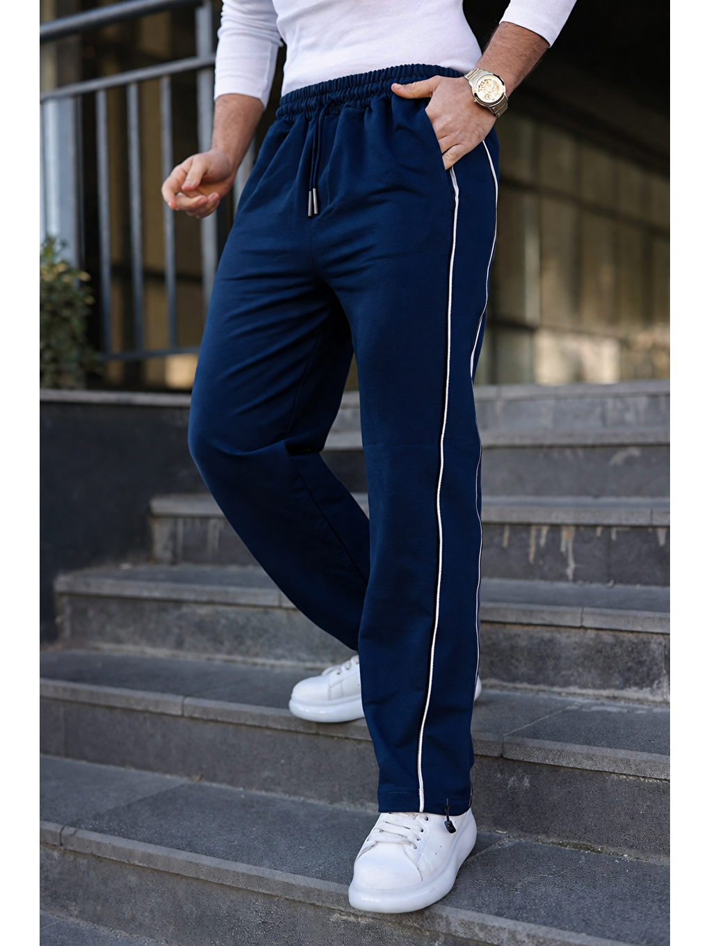 Erkek Günlük Yazlık Çizgili Bol Lacivert Eşofman Altı-3