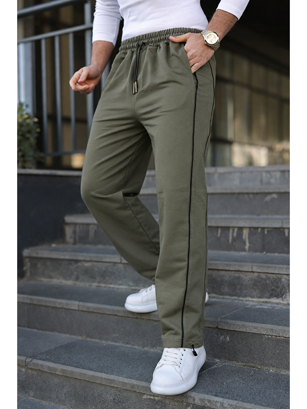 Erkek Günlük Yazlık Çizgili Bol Haki Eşofman Altı