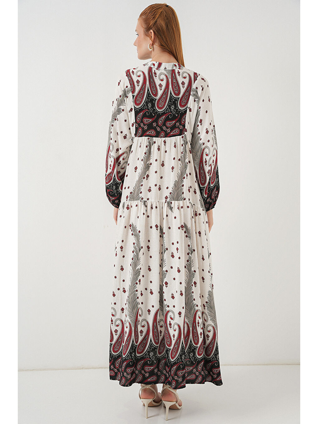 Kadın Desenli Uzun Tesettür Elbise 2585 - A.Kırmızı-5