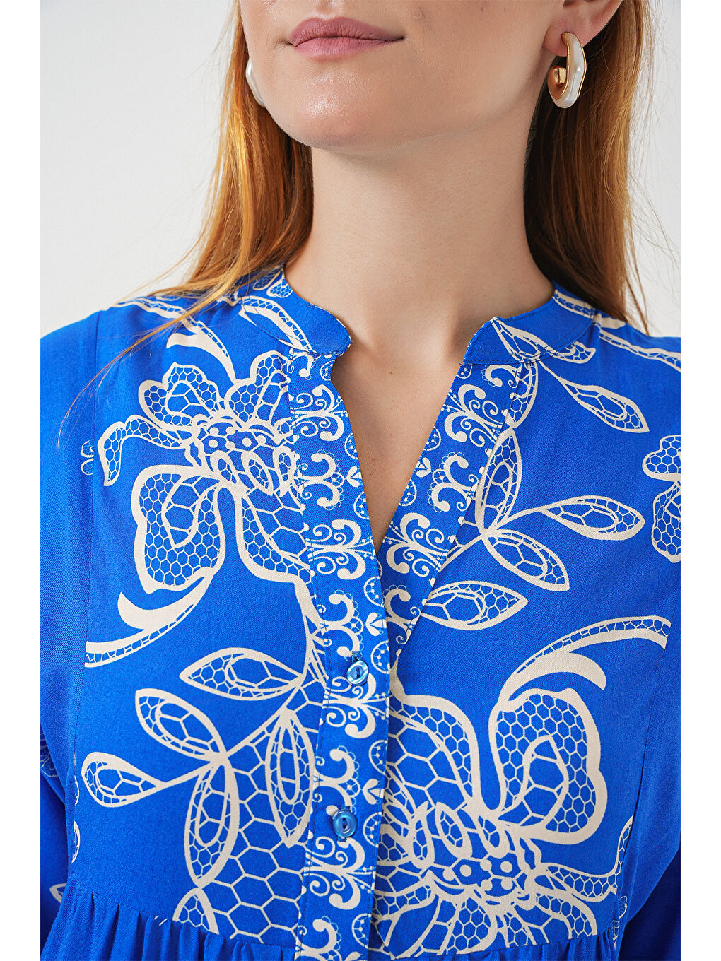 Mavi Kadın Desenli Uzun Tesettür Elbise 2585 - Saks-4