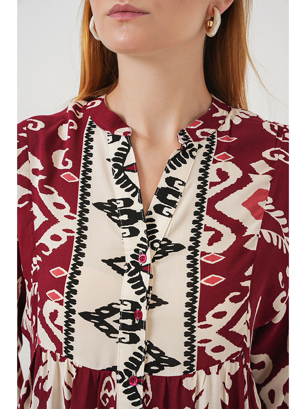 Kadın Desenli Uzun Tesettür Elbise 2585 - Bordo-4