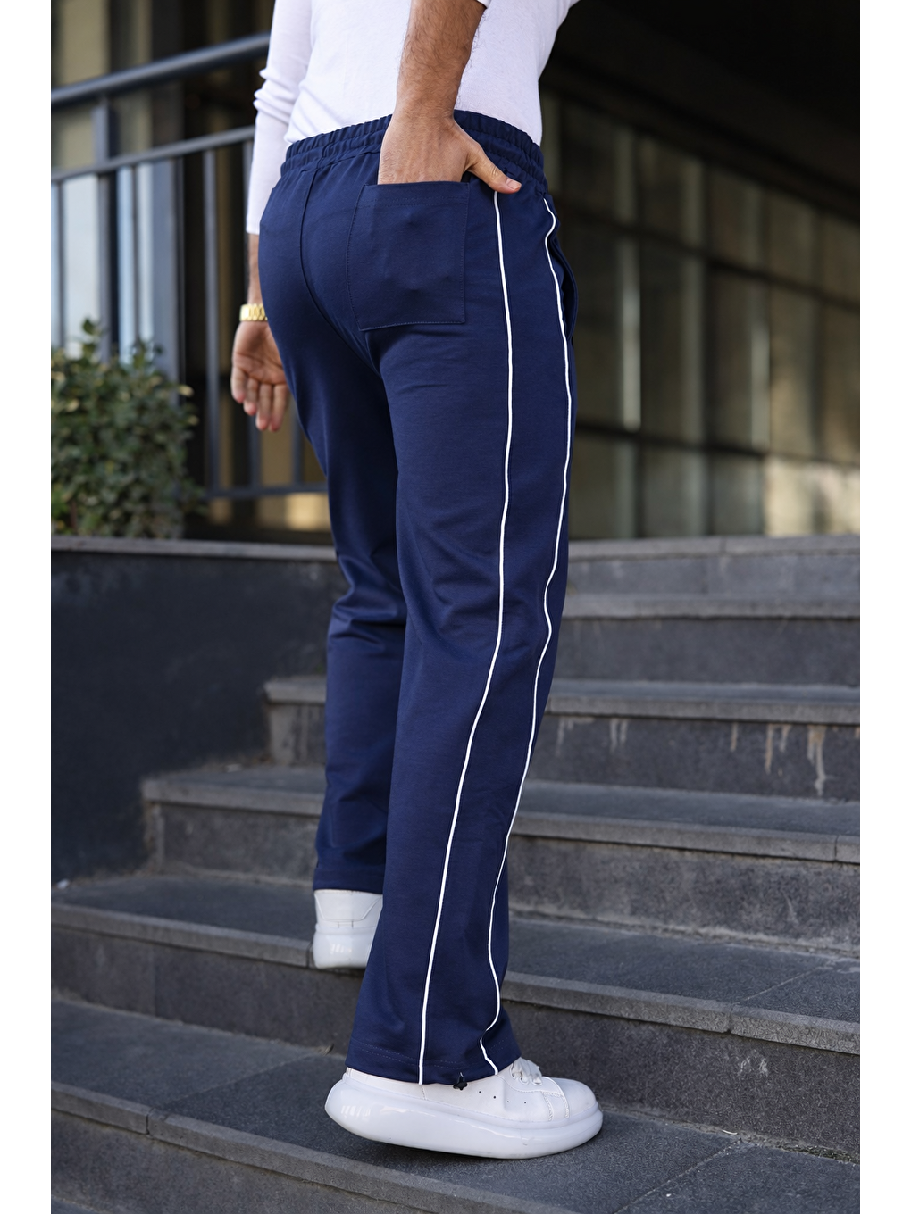 Erkek Günlük Yazlık Çizgili Bol Lacivert Eşofman Altı-6