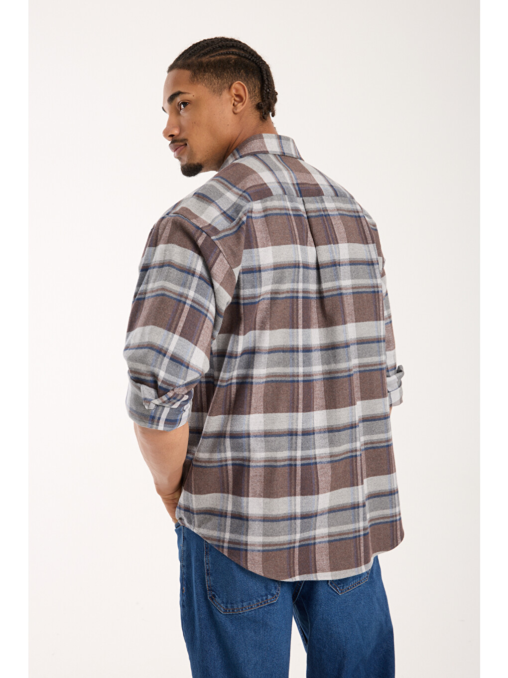 Rio Flanel Pamuklu Oversize Fit Kahverengi Klasik Yaka Erkek Ekoseli Gömlek-4