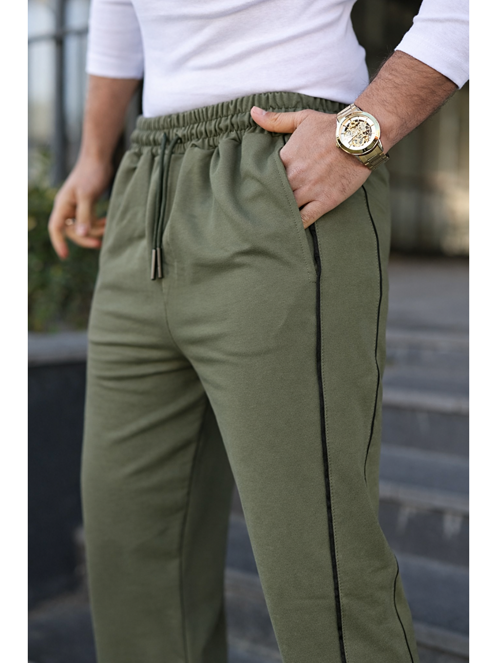 Erkek Günlük Yazlık Çizgili Bol Haki Eşofman Altı-2