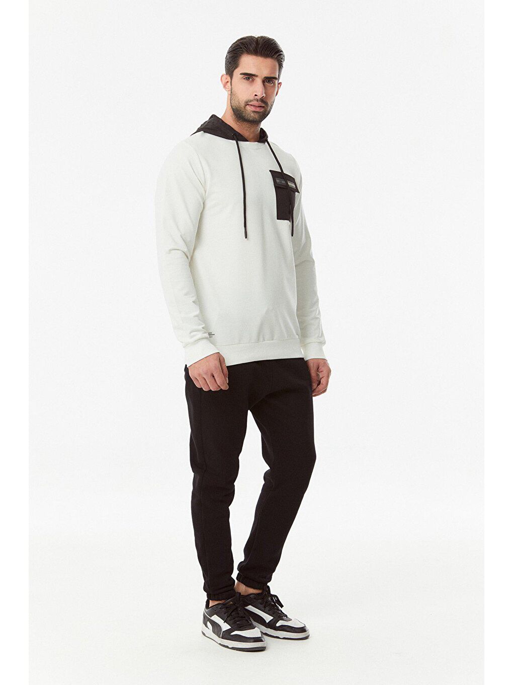 Ekru Baskılı Cepli Erkek Hoodie-1