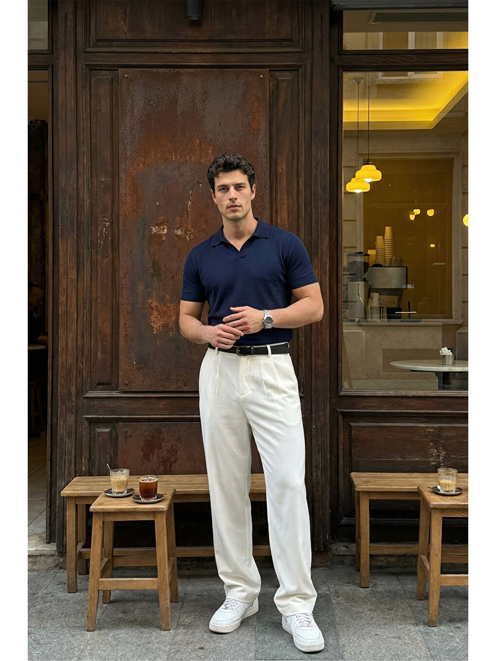 Beyaz Erkek Kumaş Baggy Kalıp Pileli Pantolon-1