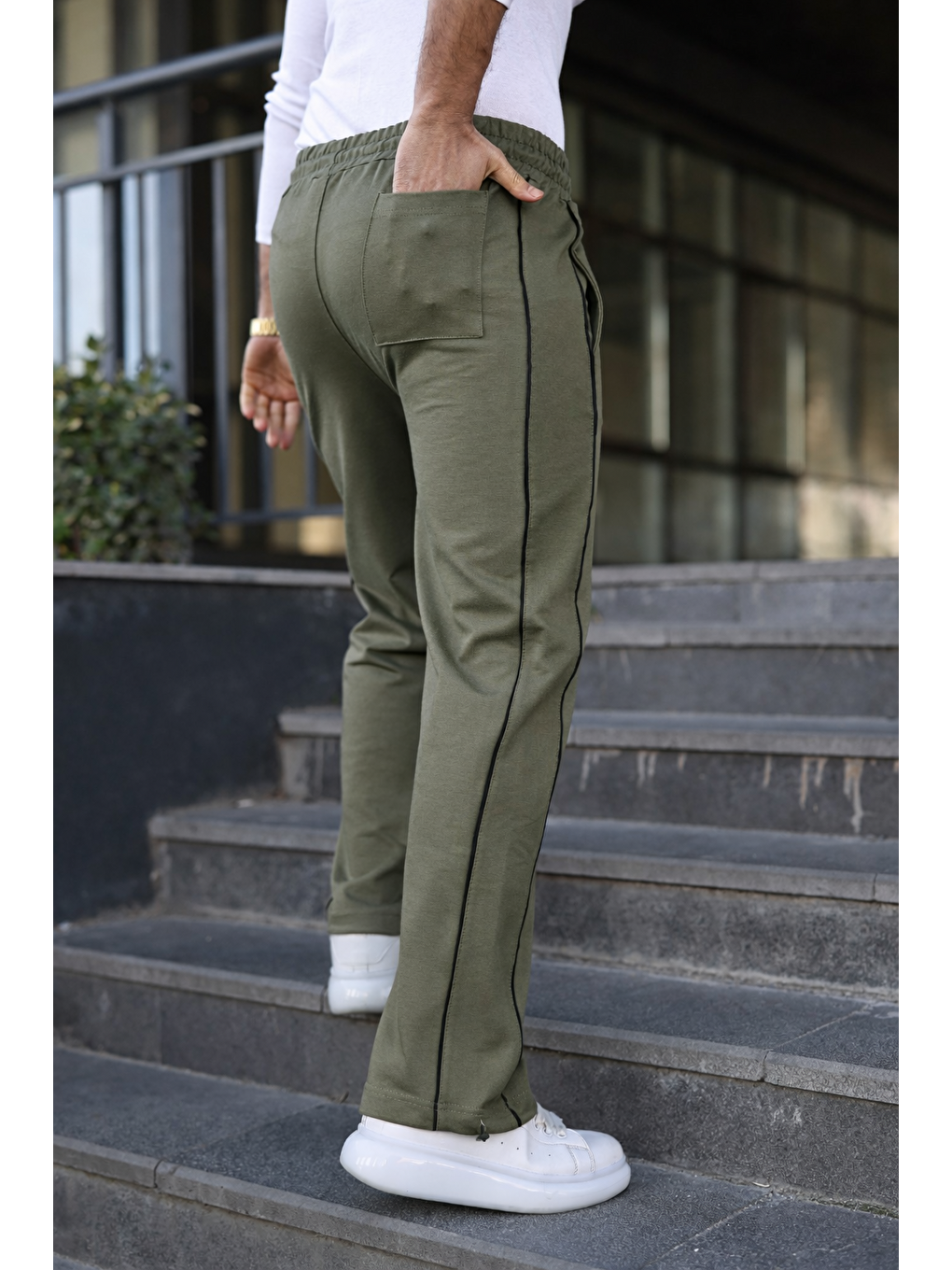 Erkek Günlük Yazlık Çizgili Bol Haki Eşofman Altı-3