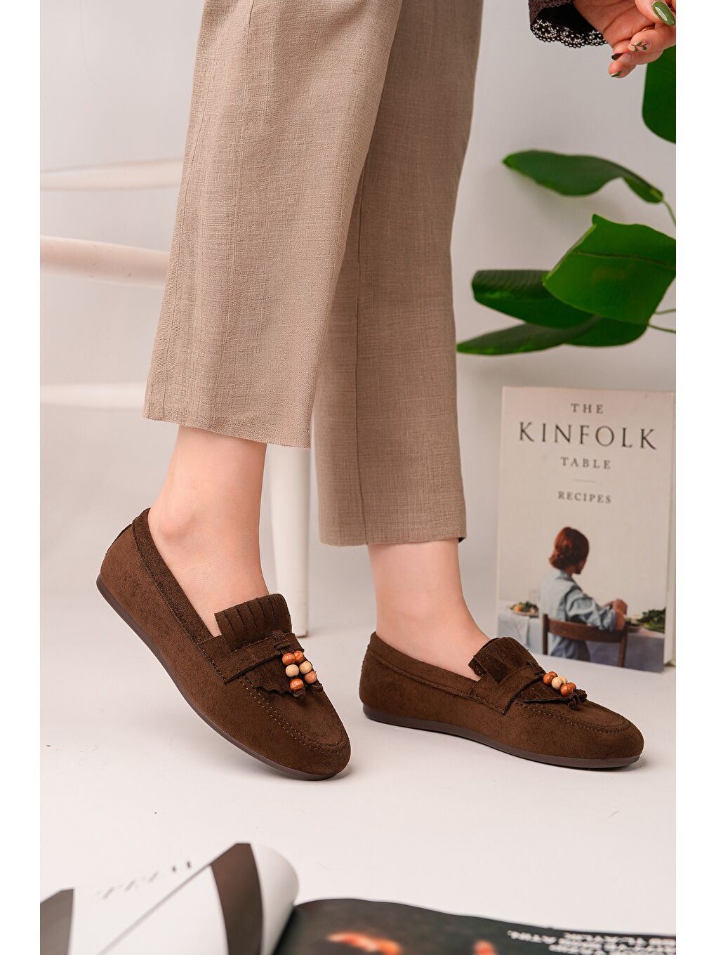 Kahverengi FAWN Renkli Boncuk Detaylı Kadın Günlük Loafer Ayakkabı-2