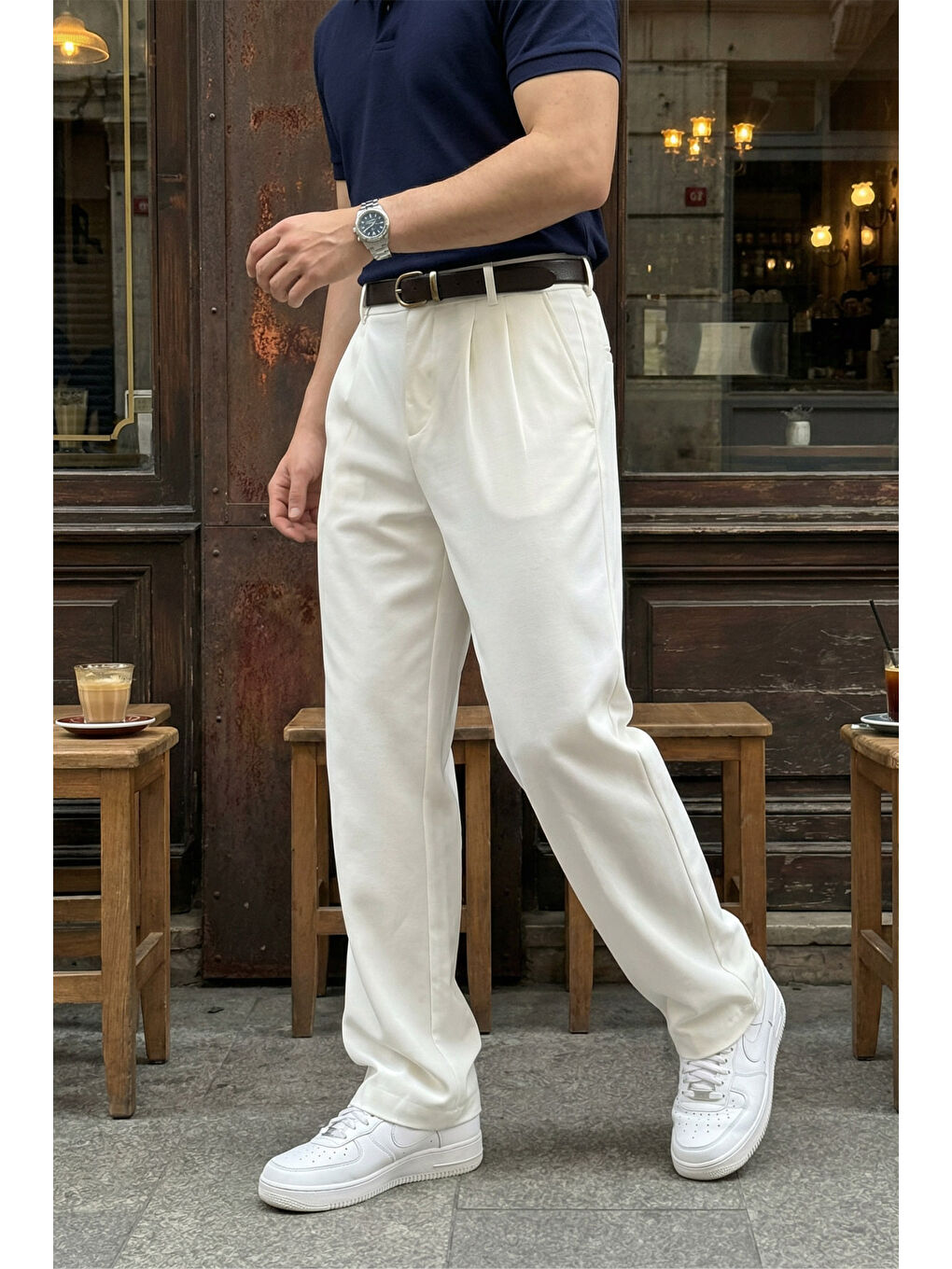 Beyaz Erkek Kumaş Baggy Kalıp Pileli Pantolon-2