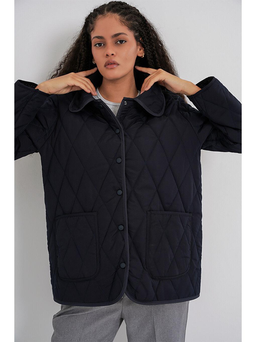 Kadın Kapitone Oversize Mont 5226 - Lacivert-2