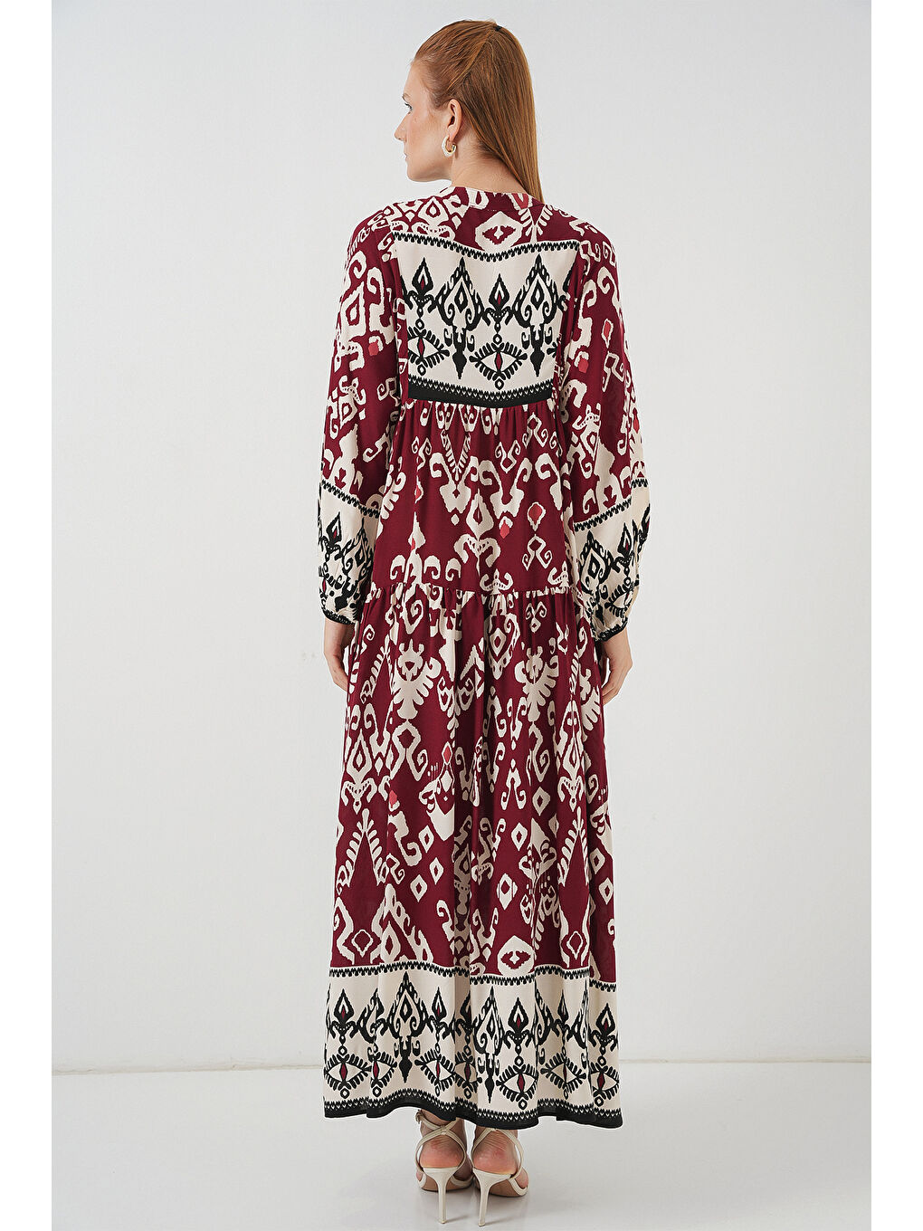 Kadın Desenli Uzun Tesettür Elbise 2585 - Bordo-5
