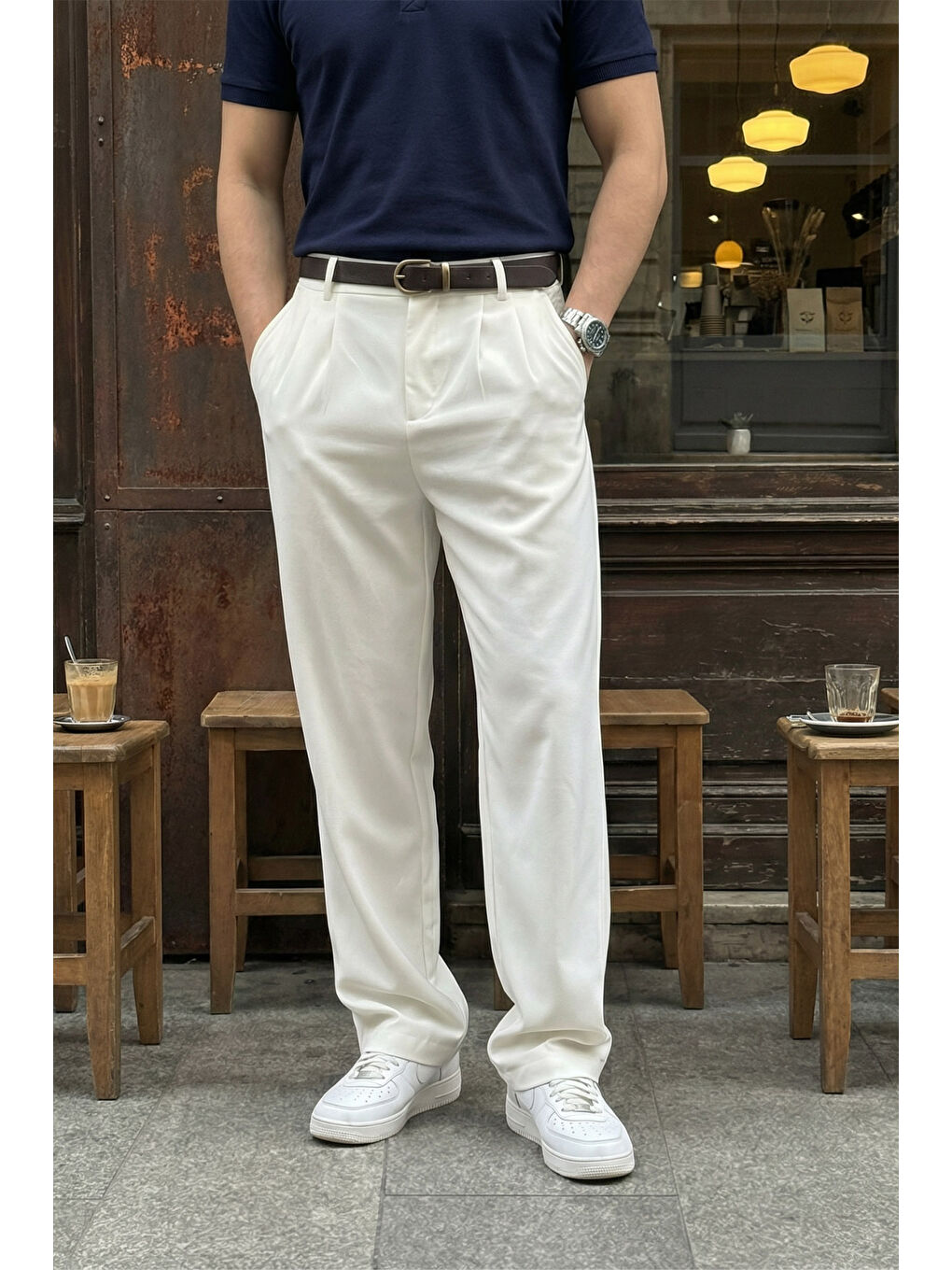 Beyaz Erkek Kumaş Baggy Kalıp Pileli Pantolon-3