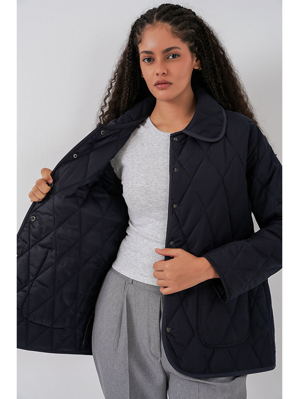 Kadın Kapitone Oversize Mont 5226 - Lacivert-3