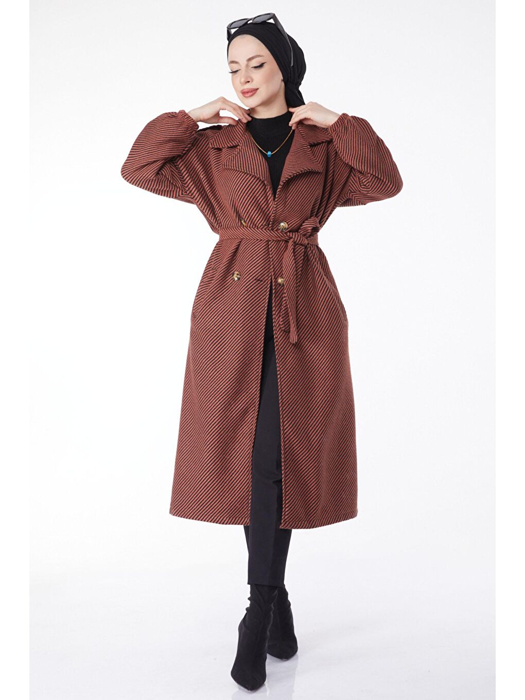 Kahverengi Kruvaze Yaka Kadın Kiremit Kuşaklı Kaşe Kaban - 13132-1