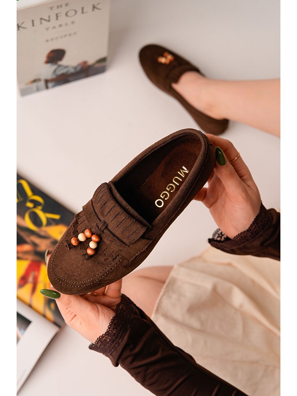 Kahverengi FAWN Renkli Boncuk Detaylı Kadın Günlük Loafer Ayakkabı-3