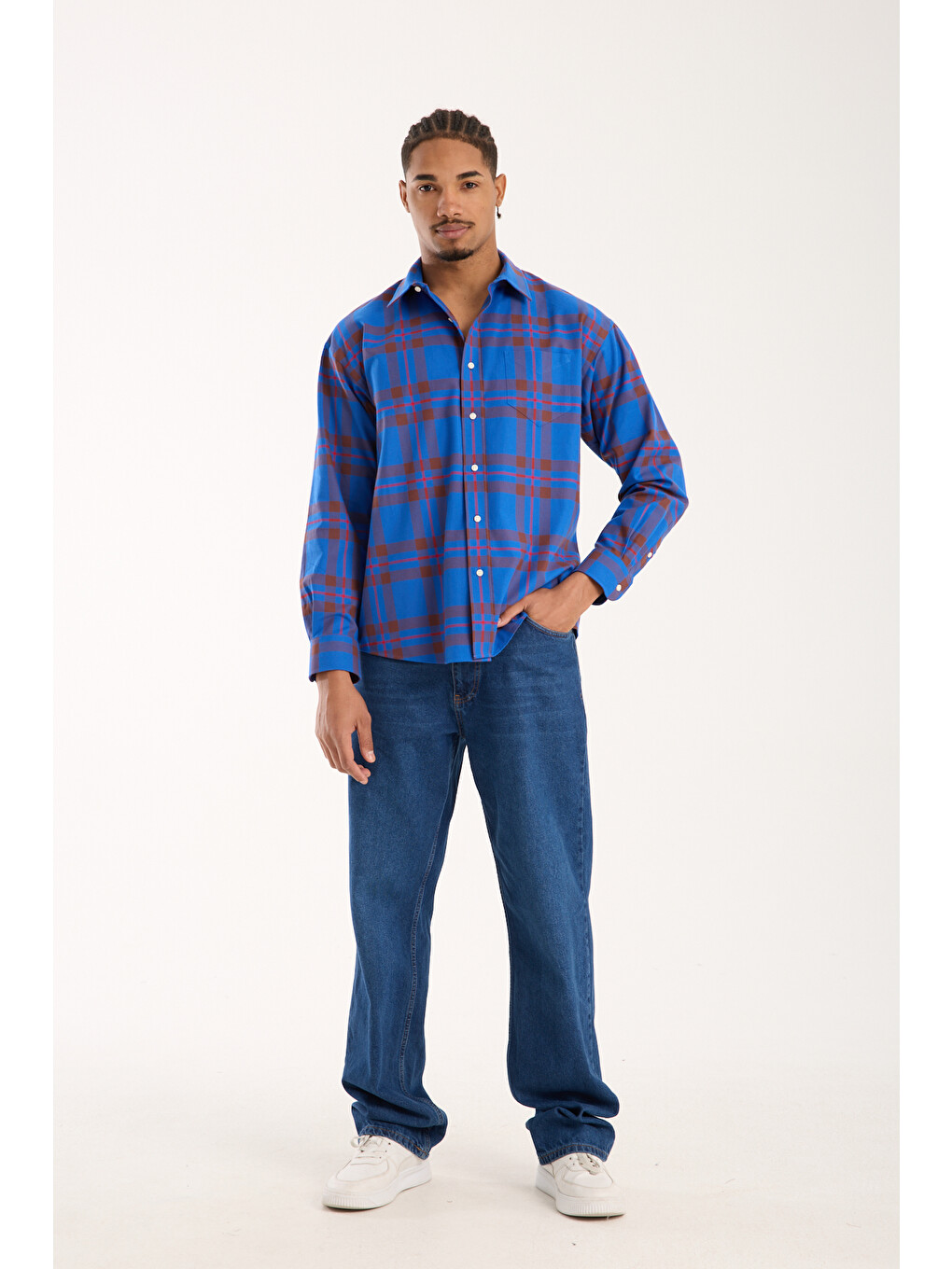 Rio Twill Pamuklu Oversize Fit Lacivert Klasik Yaka Erkek Ekoseli Gömlek-1
