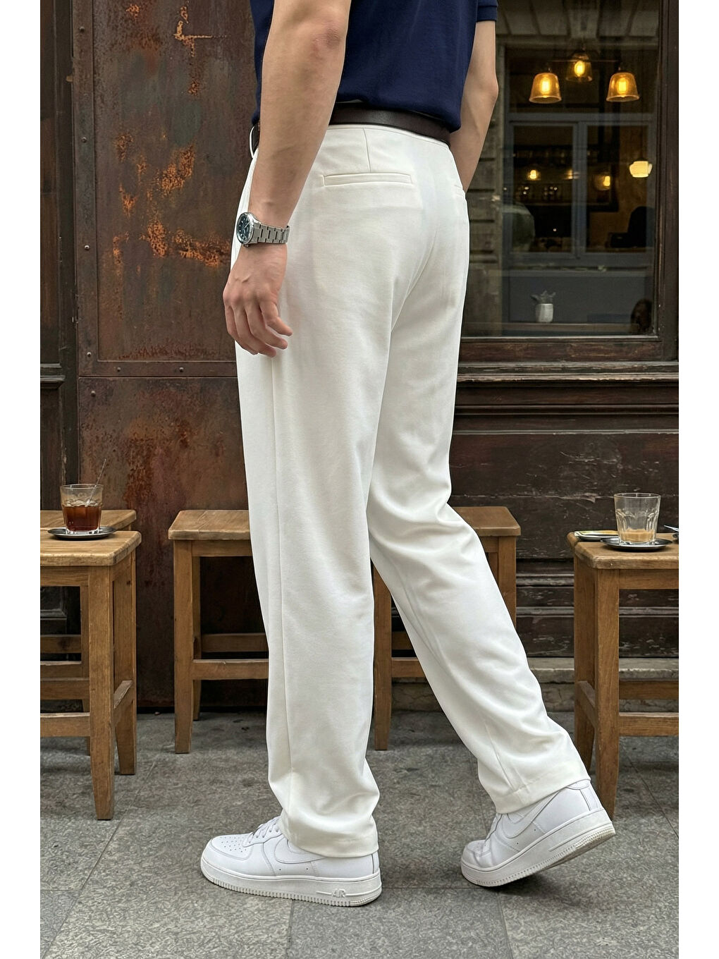 Beyaz Erkek Kumaş Baggy Kalıp Pileli Pantolon-4