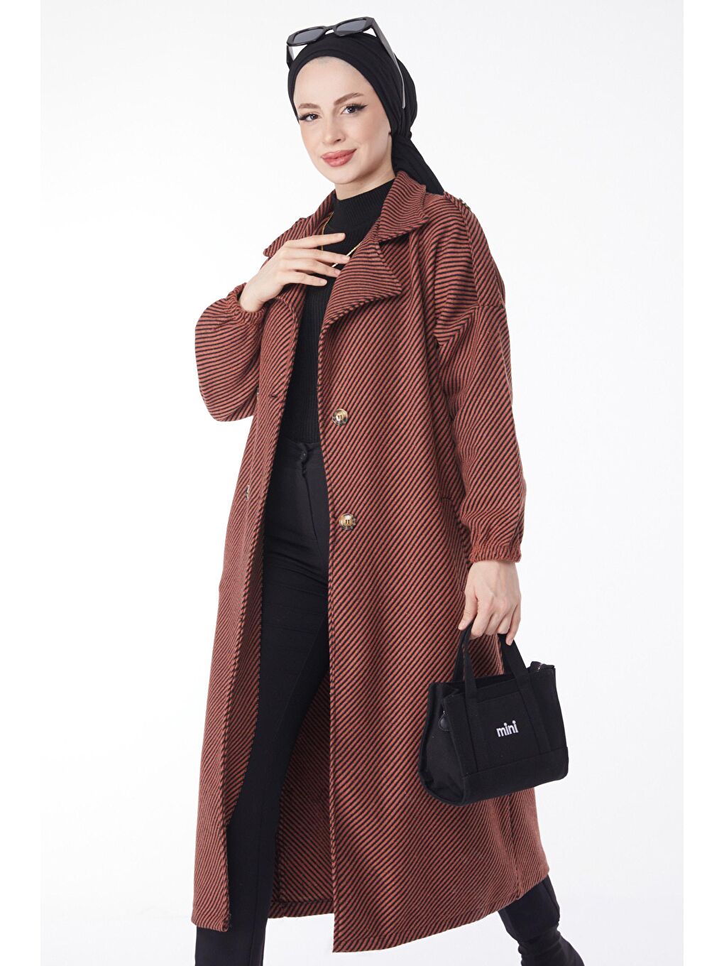 Kahverengi Kruvaze Yaka Kadın Kiremit Kuşaklı Kaşe Kaban - 13132-2