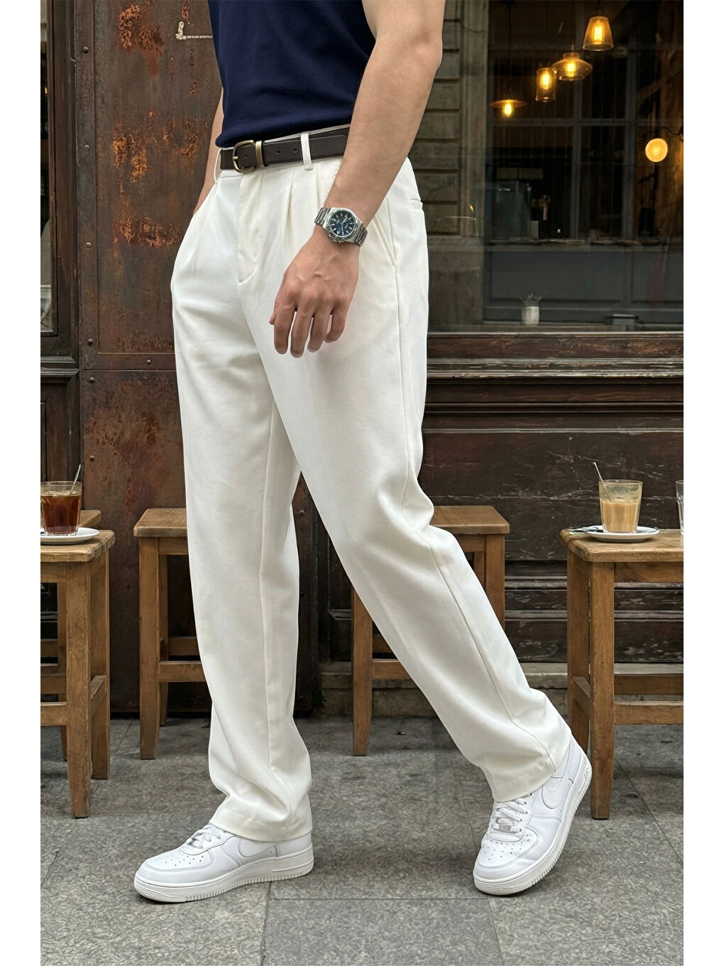 Beyaz Erkek Kumaş Baggy Kalıp Pileli Pantolon-5