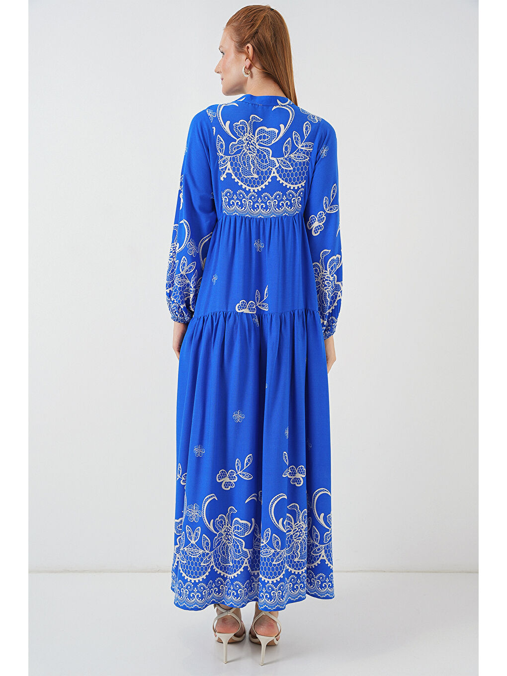 Mavi Kadın Desenli Uzun Tesettür Elbise 2585 - Saks-5